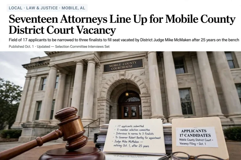 Illustration for the news story: Seventeen Attorneys Line Up for Mobile County District Court Vacancy