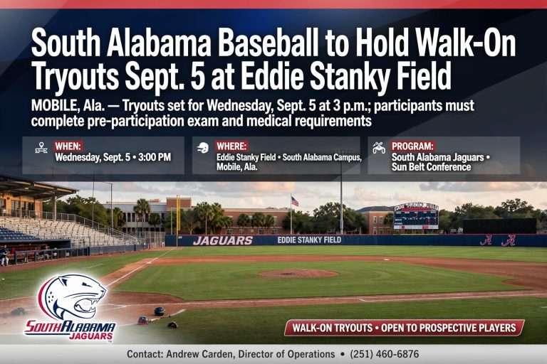 Illustration for the news story: South Alabama Baseball to Hold Walk-On Tryouts Sept. 5 at Eddie Stanky Field