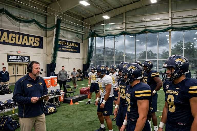 Illustration for the news story: South Alabama Moves Final Practice Indoors as Isaac Delays UTSA Opener to Saturday