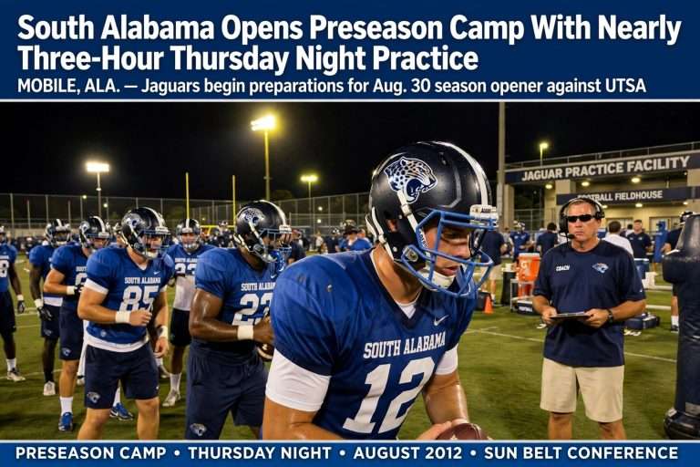Illustration for the news story: South Alabama Opens Preseason Camp With Nearly Three-Hour Thursday Night Practice