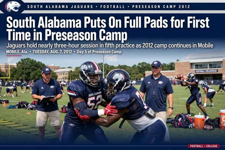 Illustration for the news story: South Alabama Puts On Full Pads for First Time in Preseason Camp