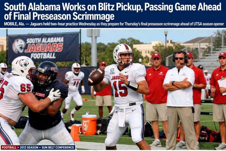 Illustration for the news story: South Alabama Works on Blitz Pickup, Passing Game Ahead of Final Preseason Scrimmage