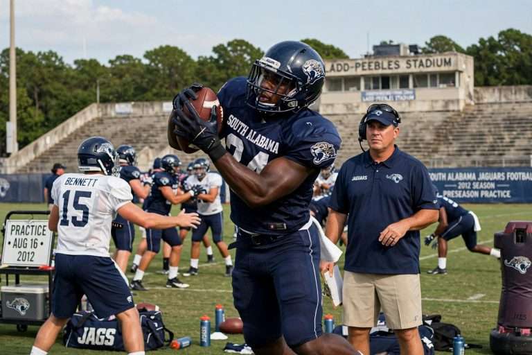 Illustration for the news story: South Alabama Football Works in Shells, Defense Records Six Interceptions Ahead of Saturday Scrimmage