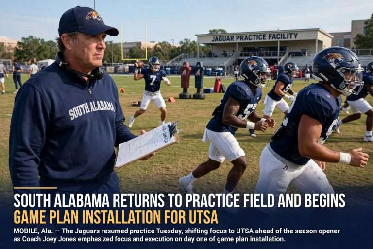 Illustration for the news story: South Alabama Returns to Practice Field and Begins Game Plan Installation for UTSA