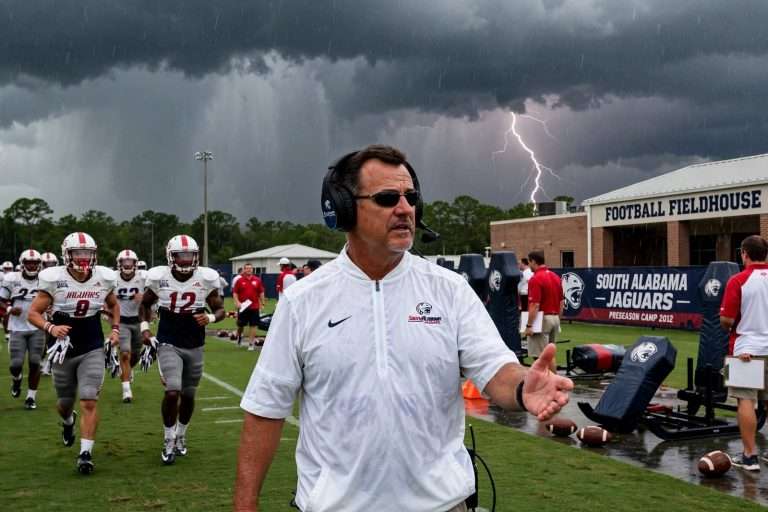 Illustration for the news story: Lightning Cuts Short South Alabama’s Second Practice of Preseason Camp