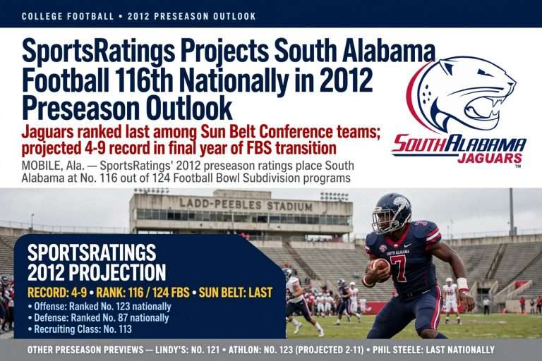 Illustration for the news story: SportsRatings Projects South Alabama Football 116th Nationally in 2012 Preseason Outlook
