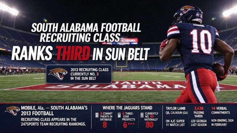 Illustration for the news story: South Alabama Football Recruiting Class Ranks Third in Sun Belt in 247Sports Rankings