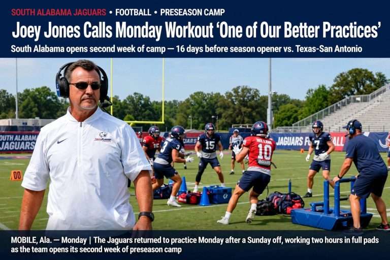 Illustration for the news story: Joey Jones Calls Monday Workout ‘One of Our Better Practices’ as South Alabama Opens Second Week of Camp