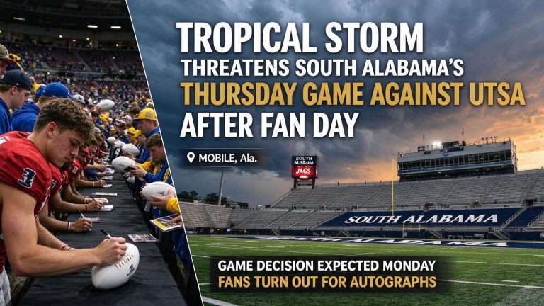 Illustration for the news story: Tropical Storm Threatens South Alabama’s Thursday Game Against UTSA After Fan Day