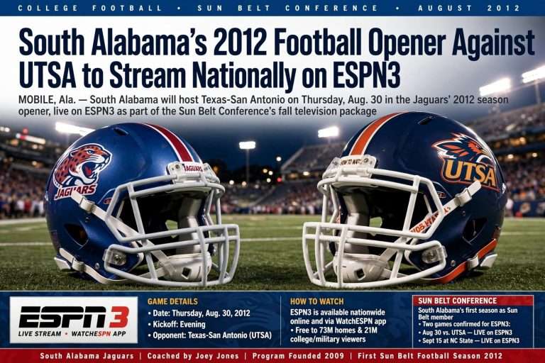 Illustration for the news story: South Alabama’s 2012 Football Opener Against UTSA to Stream Nationally on ESPN3