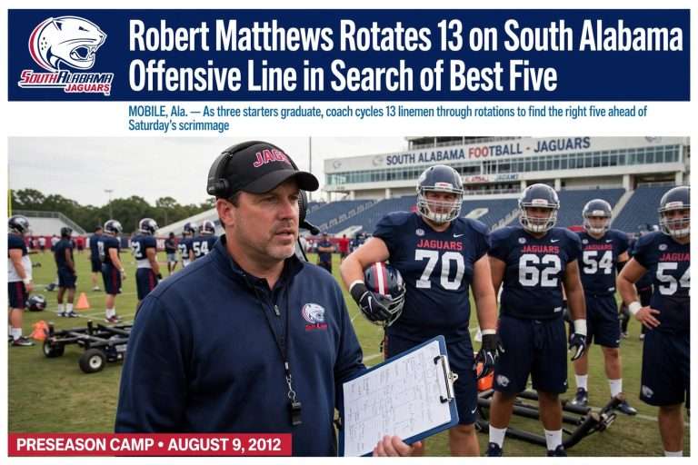 Illustration for the news story: Robert Matthews Rotates 13 on South Alabama Offensive Line in Search of Best Five