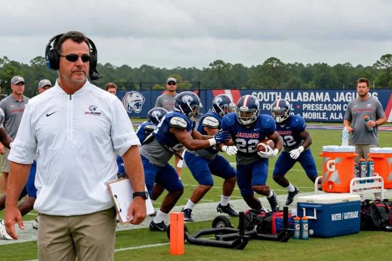 Illustration for the news story: South Alabama Focuses on Inside Run Game in Third Practice of Preseason Camp