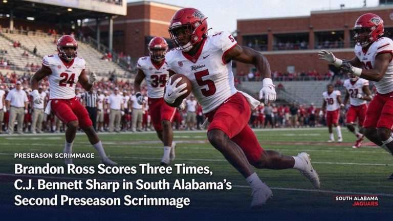 Illustration for the news story: Brandon Ross Scores Three Times, C.J. Bennett Sharp in South Alabama’s Second Preseason Scrimmage