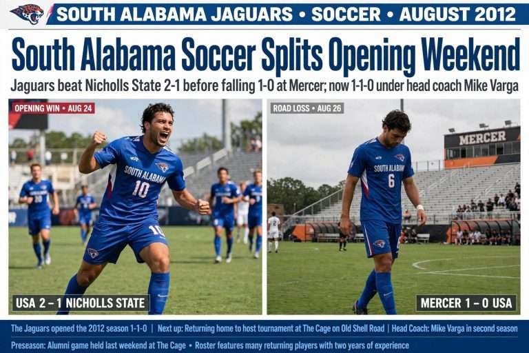 Illustration for the news story: South Alabama Soccer Splits Opening Weekend, Beating Nicholls State Before Falling at Mercer