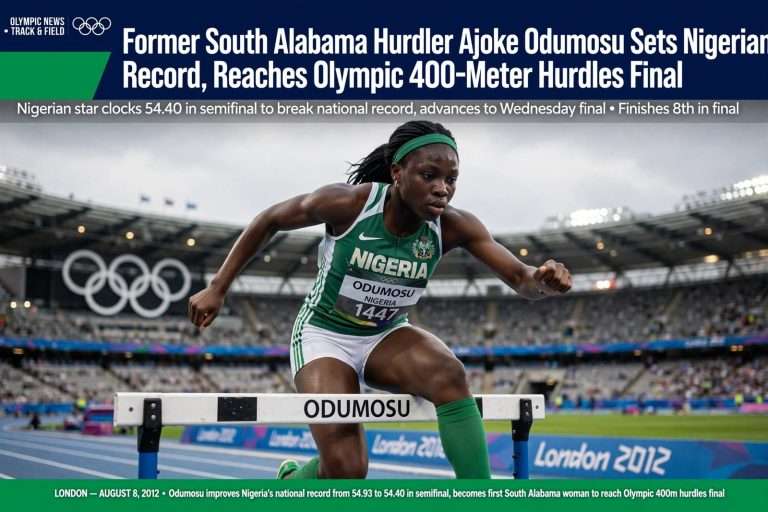 Illustration for the news story: Former South Alabama Hurdler Ajoke Odumosu Sets Nigerian Record, Reaches Olympic 400-Meter Hurdles Final
