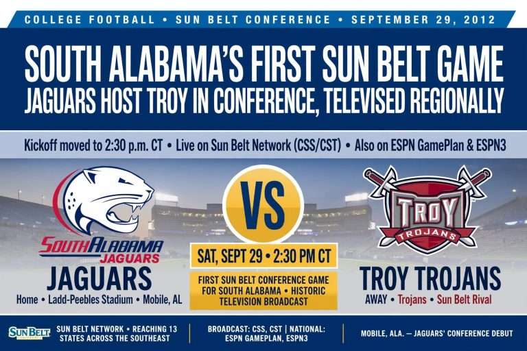 Illustration for the news story: South Alabama’s First Sun Belt Football Game, Against Troy, to Be Televised Regionally
