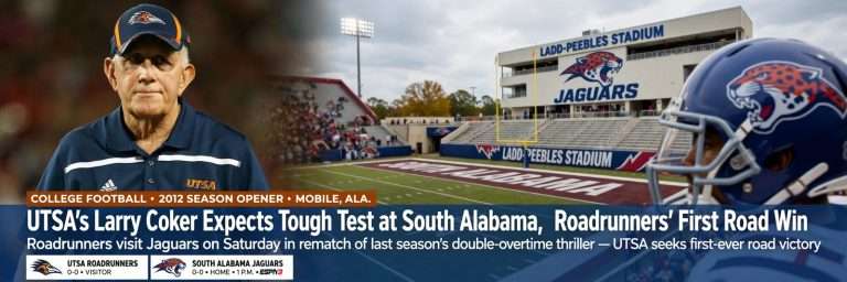 Illustration for the news story: UTSA’s Larry Coker Expects Tough Test at South Alabama, Seeks Roadrunners’ First Road Win