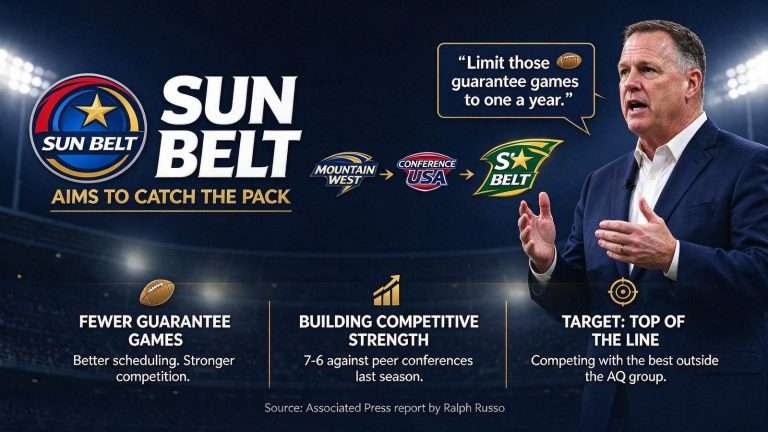Illustration for the news story: Sun Belt Aims to Catch Conference USA, Mountain West as Benson Targets Fewer Guarantee Games