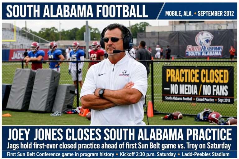 Illustration for the news story: Joey Jones Closes South Alabama Practice Ahead of First Sun Belt Game Against Troy