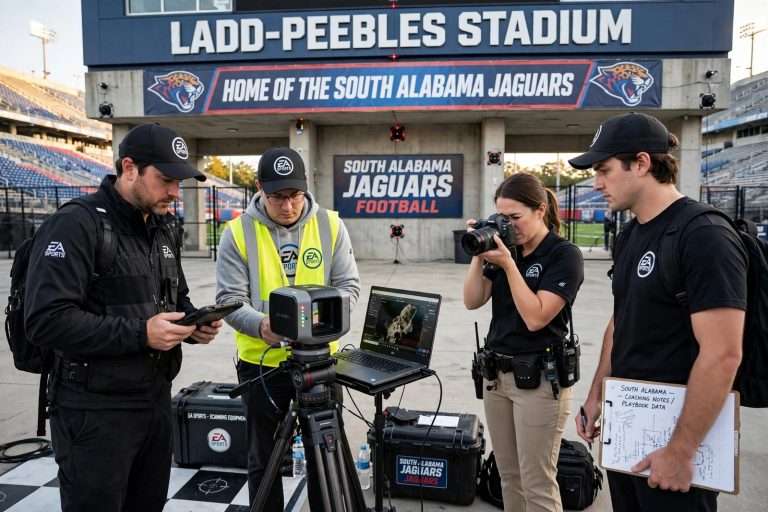 Illustration for the news story: EA Sports Crew Scans Ladd-Peebles Stadium as South Alabama Prepares for NCAA Football 14