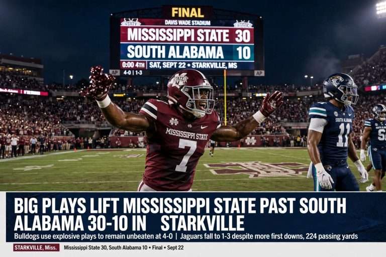 Illustration for the news story: Big Plays Lift Mississippi State Past South Alabama 30-10 in Starkville