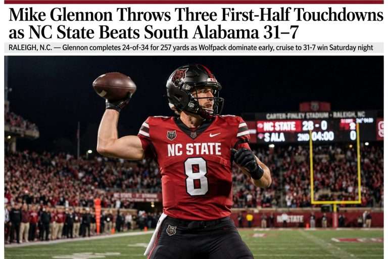 Illustration for the news story: Mike Glennon Throws Three First-Half Touchdowns as NC State Beats South Alabama 31-7
