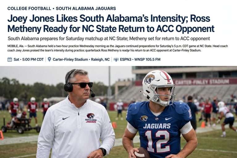 Illustration for the news story: Joey Jones Likes South Alabama’s Intensity; Ross Metheny Ready for NC State Return to ACC Opponent