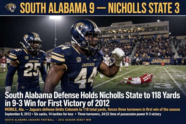 Illustration for the news story: South Alabama Defense Holds Nicholls State to 118 Yards in 9-3 Win for First Victory of 2012