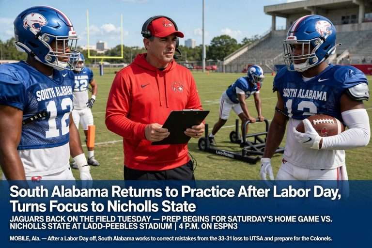 Illustration for the news story: South Alabama Returns to Practice After Labor Day, Turns Focus to Nicholls State