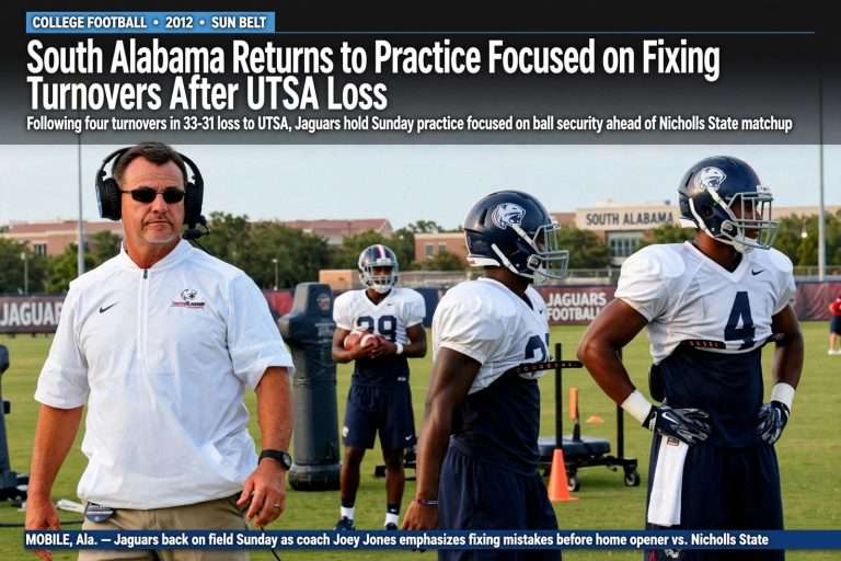 Illustration for the news story: South Alabama Returns to Practice Focused on Fixing Turnovers After UTSA Loss