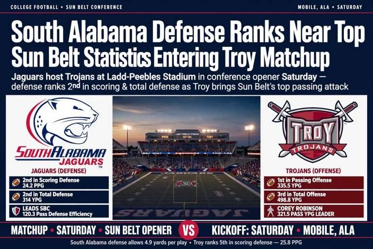 Illustration for the news story: South Alabama Defense Ranks Near Top of Sun Belt Statistics Entering Troy Matchup
