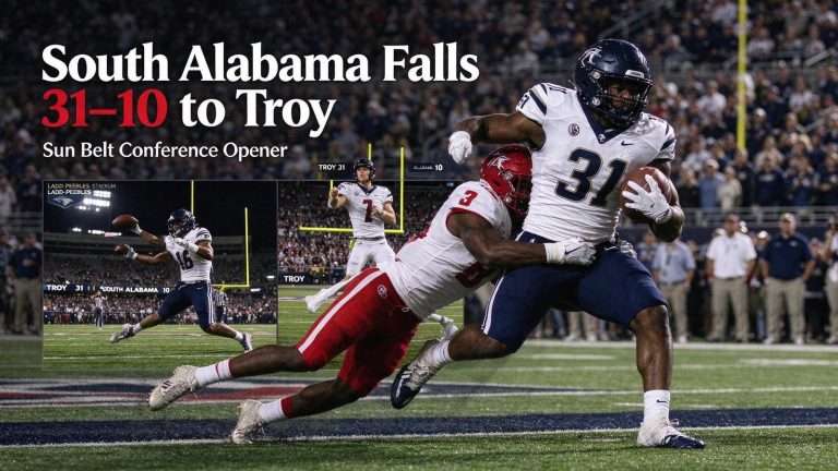 Illustration for the news story: South Alabama Football Falls 31-10 to Troy in Sun Belt Conference Opener