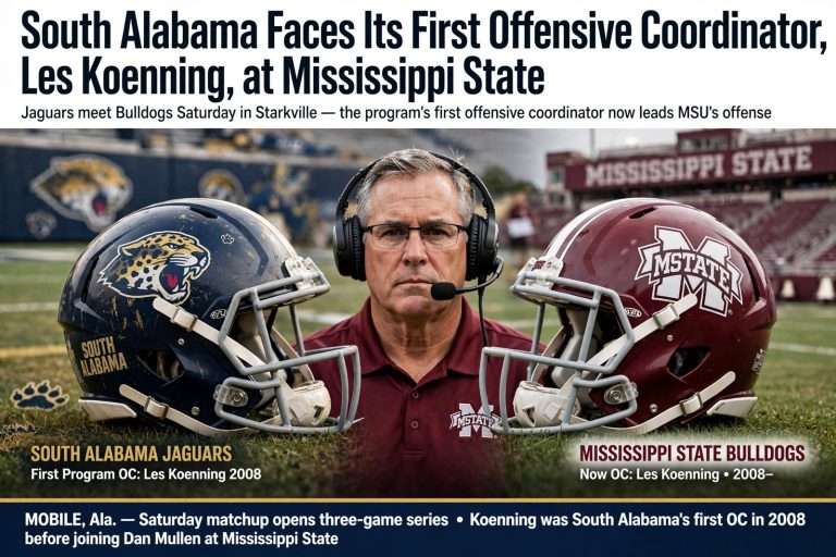 Illustration for the news story: South Alabama Faces Its First Offensive Coordinator, Les Koenning, at Mississippi State