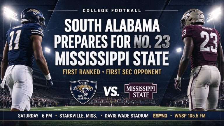 Illustration for the news story: South Alabama Prepares for No. 23 Mississippi State, Its First Ranked and First SEC Opponent