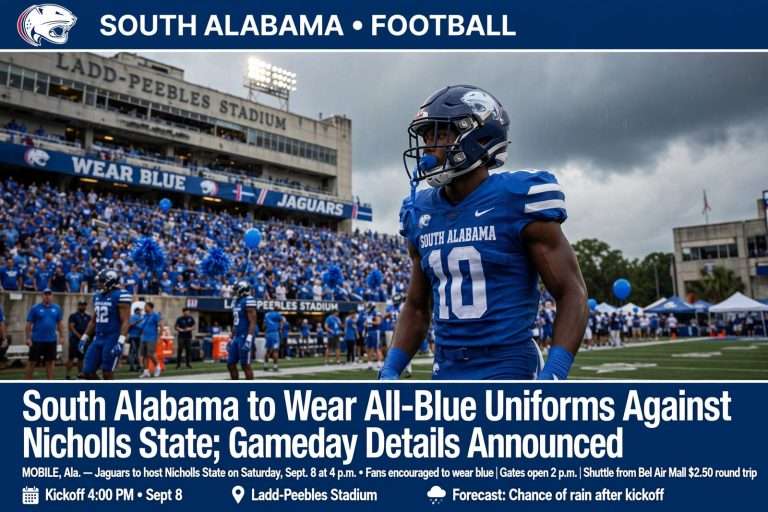 Illustration for the news story: South Alabama to Wear All-Blue Uniforms Against Nicholls State; Gameday Details Announced