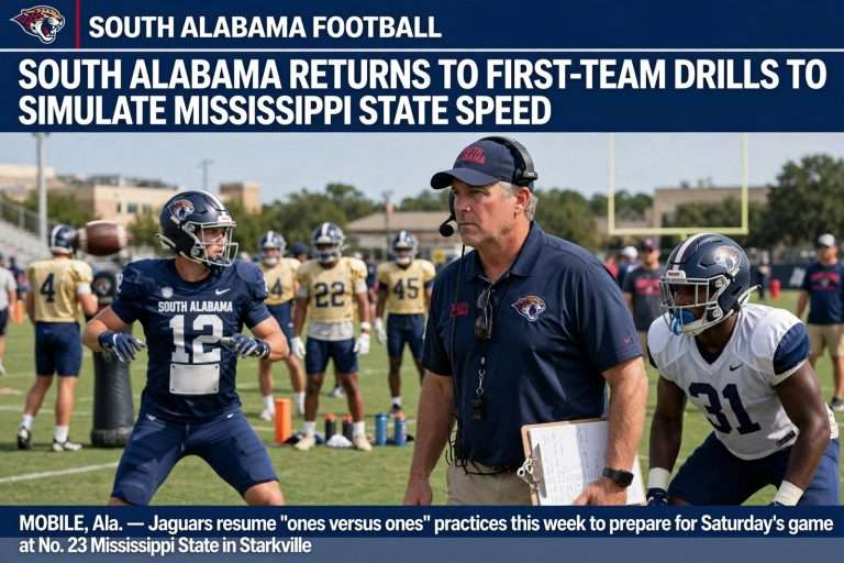 Illustration for the news story: South Alabama Returns to First-Team Drills to Simulate Mississippi State Speed