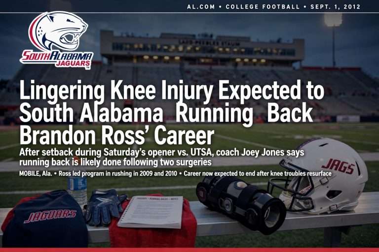 Illustration for the news story: Lingering Knee Injury Expected to End South Alabama Running Back Brandon Ross’ Career