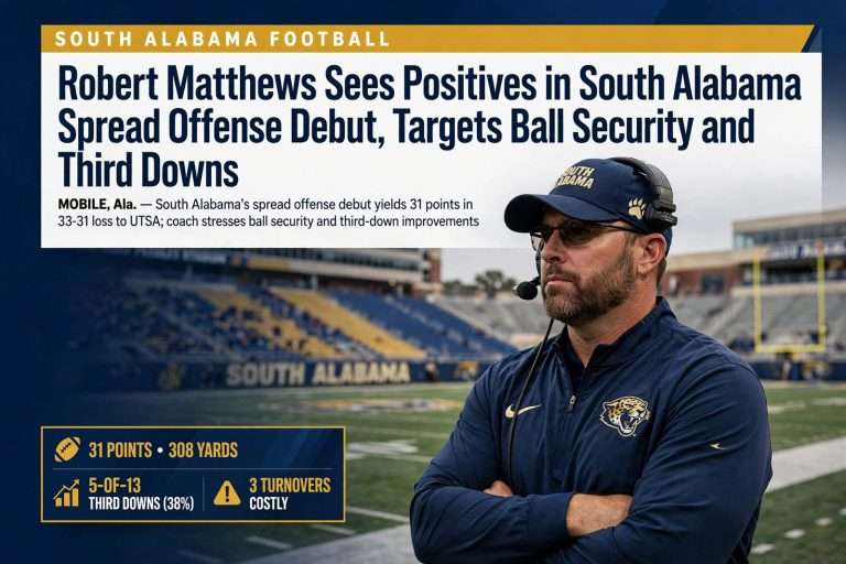 Illustration for the news story: Robert Matthews Sees Positives in South Alabama Spread Offense Debut, Targets Ball Security and Third Downs