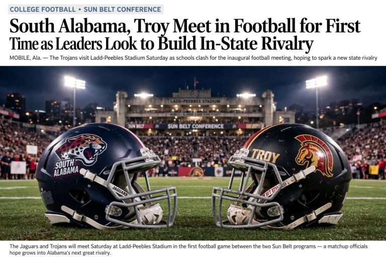 Illustration for the news story: South Alabama, Troy Meet in Football for First Time as Leaders Look to Build In-State Rivalry