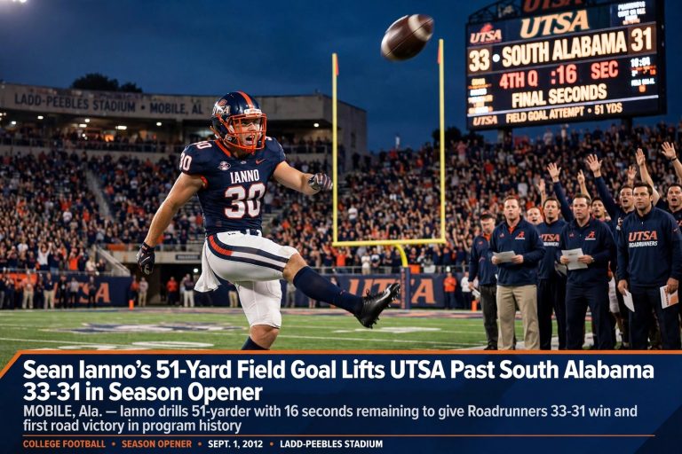 Illustration for the news story: Sean Ianno’s 51-Yard Field Goal Lifts UTSA Past South Alabama 33-31 in Season Opener