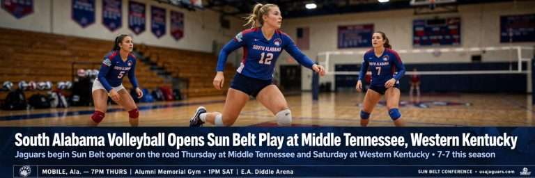 Illustration for the news story: South Alabama Volleyball Opens Sun Belt Play at Middle Tennessee, Western Kentucky