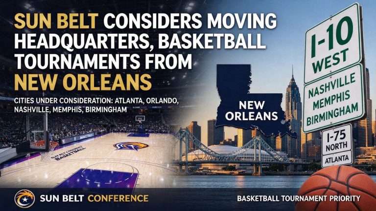 Illustration for the news story: Sun Belt Considers Moving Headquarters, Basketball Tournaments From New Orleans