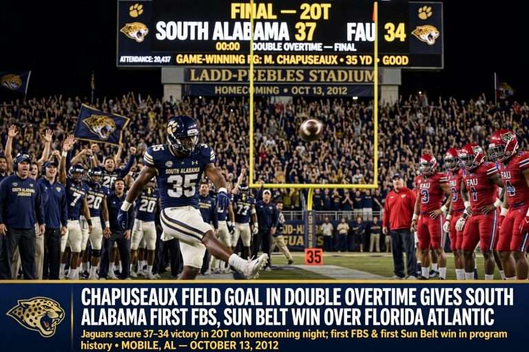 Illustration for the news story: Chapuseaux Field Goal in Double Overtime Gives South Alabama First FBS, Sun Belt Win Over Florida Atlantic