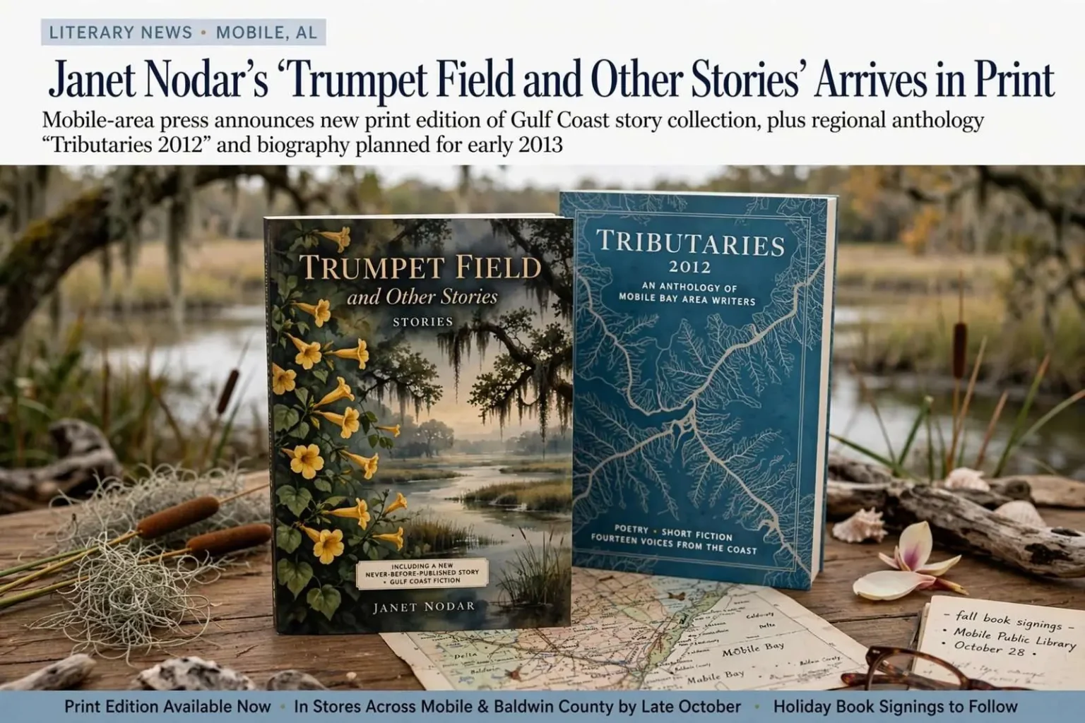 Illustration for the news story: Janet Nodar’s ‘Trumpet Field and Other Stories’ Arrives in Print From Mobile-Area Press