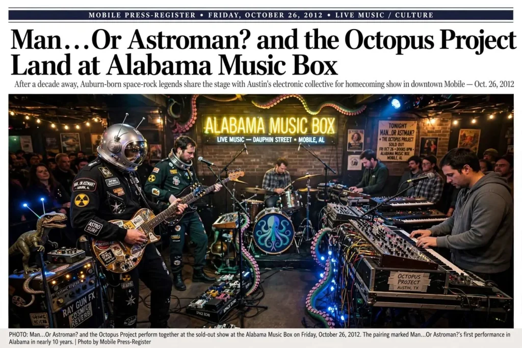 Illustration for the news story: Man…Or Astroman? and the Octopus Project Land at Alabama Music Box