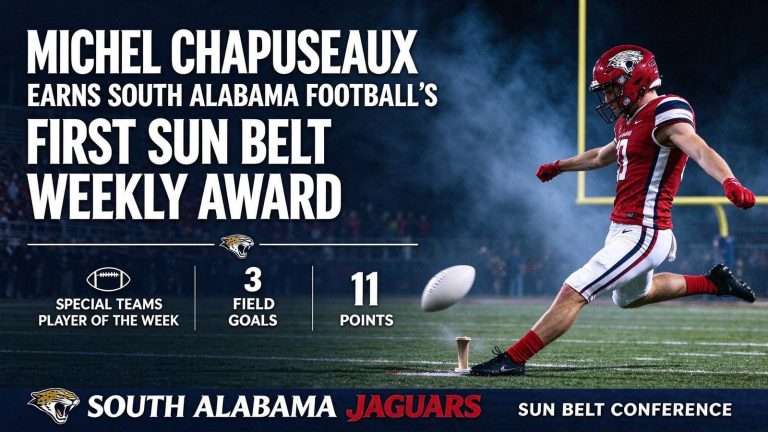 Illustration for the news story: Michel Chapuseaux Earns South Alabama Football’s First Sun Belt Weekly Award