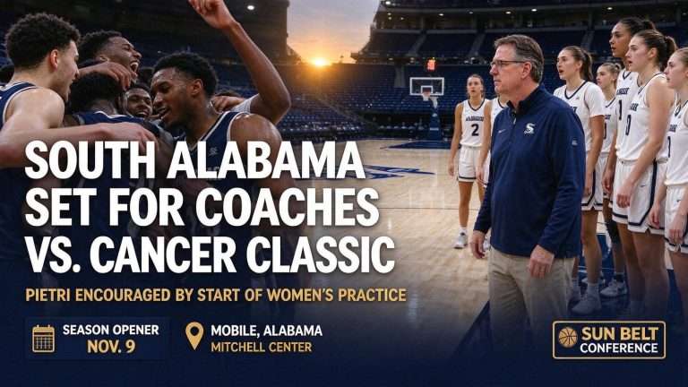 Illustration for the news story: South Alabama Set for Coaches vs. Cancer Classic; Pietri Encouraged by Start of Women’s Practice
