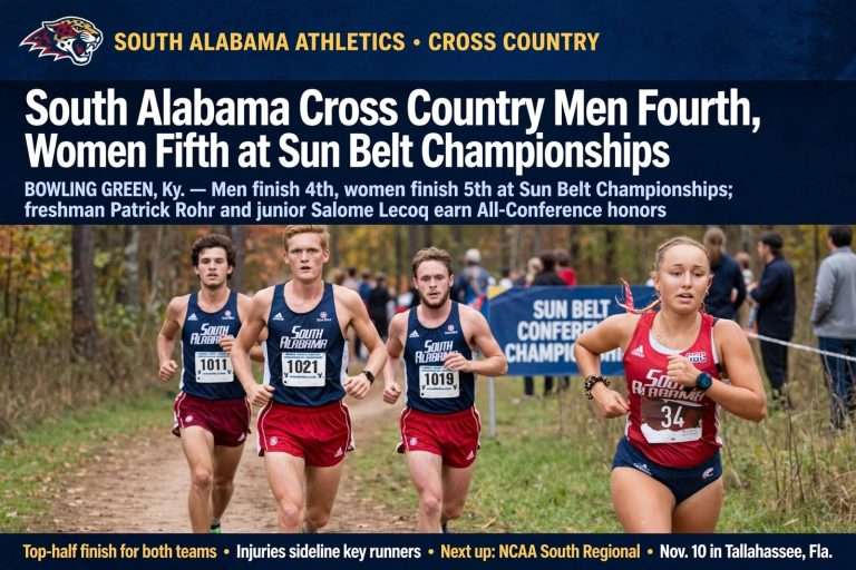 Illustration for the news story: South Alabama Cross Country Men Fourth, Women Fifth at Sun Belt Championships