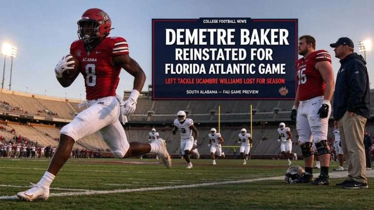 Illustration for the news story: Demetre Baker Reinstated for Florida Atlantic Game; Left Tackle Ucambre Williams Lost for Season