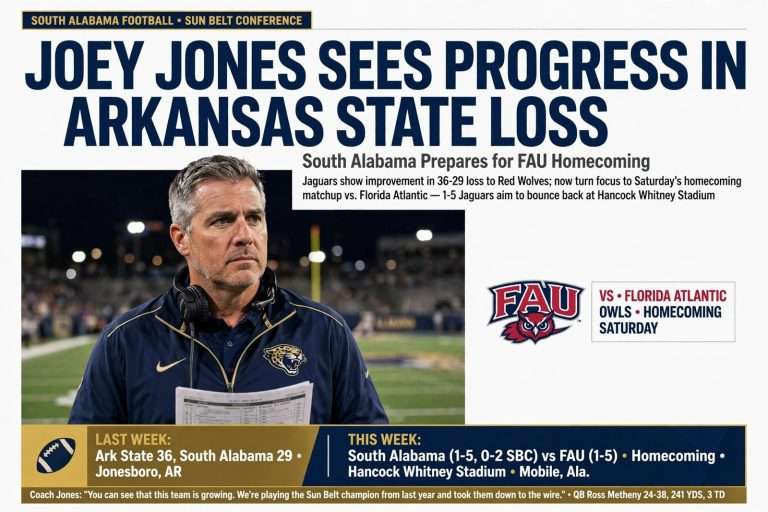 Illustration for the news story: Joey Jones Sees Progress in Arkansas State Loss as South Alabama Prepares for FAU Homecoming